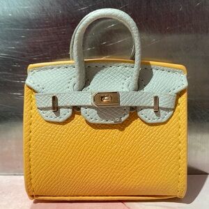 👜Handmade Mini Yellow Grey Faux Leather Birkin AirPod Tote Bag Charm Miniature